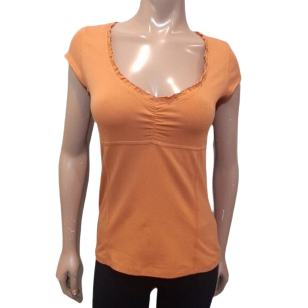 Liz & Co Cap Sleeve Tshirt Ruffled Vneck Shirred Empire Waist Top Pumpkin Medium